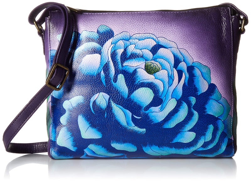 Anna by Anuschka Women's Genuine Leather Slim Square Cross Body | Hand Painted Original Artwork | Precious Peony, precious peony eggplant, One Size - Image 1